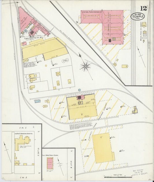 Sanborn Fire Insurance Map from Temple, Bell County, Texas (1905), Sheet #0012 - Historic Sanborn Fire Insurance Map Print, vintage old map wall art, antique decor, genealogy gift, Texas Texas map