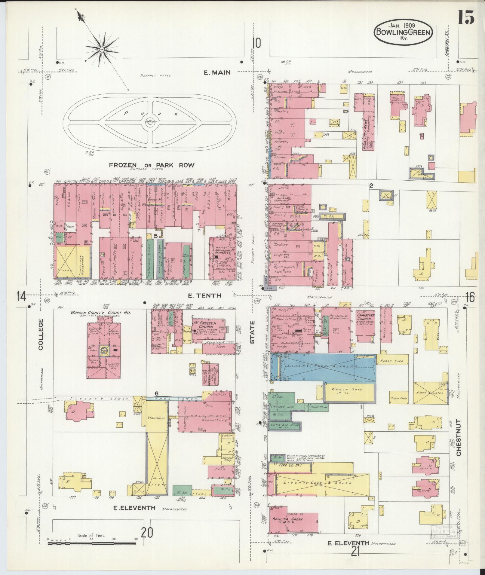 Sanborn Fire Insurance Map from Bowling Green, Warren County, Kentucky (1909), Sheet #0015 - Complete Map Set gallery image, historic Sanborn map, vintage wall art, Kentucky Kentucky