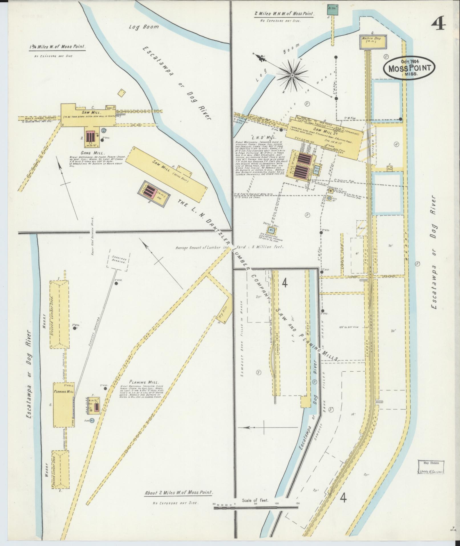 Sanborn Fire Insurance Map from Moss Point, Jackson County, Mississippi (1904), Sheet #0004 - Complete Map Set gallery image, historic Sanborn map, vintage wall art, Mississippi Mississippi