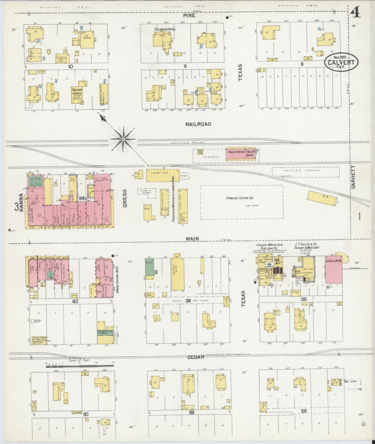 Sanborn Fire Insurance Map from Calvert, Robertson County, Texas (1901), Sheet #0004 - Complete Map Set gallery image, historic Sanborn map, vintage wall art, Texas Texas