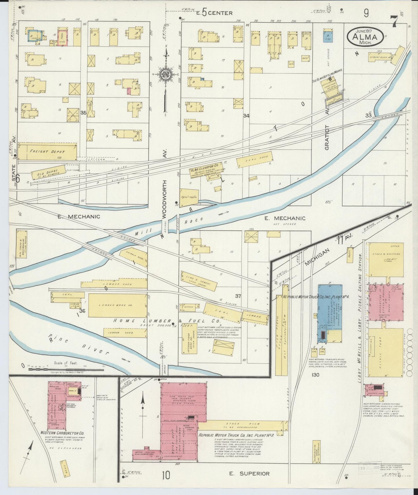 Sanborn Fire Insurance Map from Alma, Gratiot County, Michigan (1917), Sheet #0007 - Historic Sanborn Fire Insurance Map Print, vintage old map wall art, antique decor, genealogy gift, Michigan Michigan map