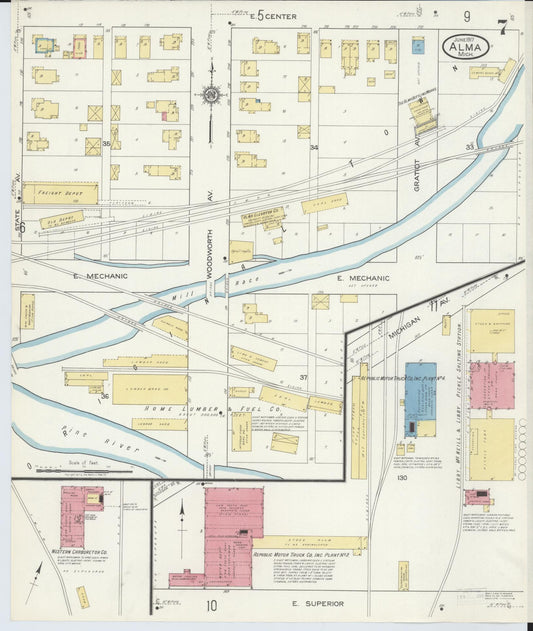 Sanborn Fire Insurance Map from Alma, Gratiot County, Michigan (1917), Sheet #0007 - Historic Sanborn Fire Insurance Map Print, vintage old map wall art, antique decor, genealogy gift, Michigan Michigan map