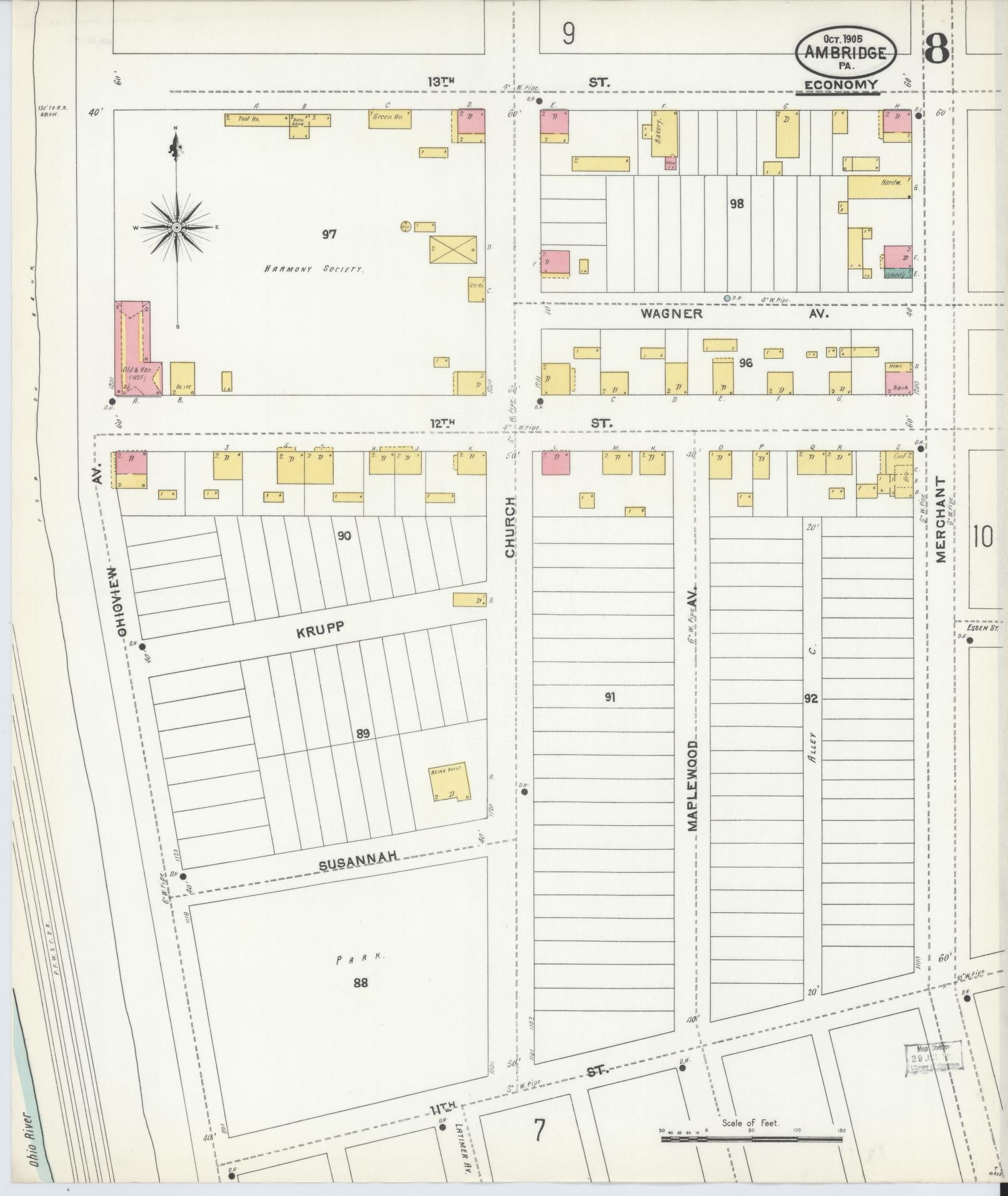 Sanborn Fire Insurance Map from Ambridge, Beaver County, Pennsylvania (1905), Sheet #0008 - Historic Sanborn Fire Insurance Map Print, vintage old map wall art, antique decor, genealogy gift, Pennsylvania Pennsylvania map