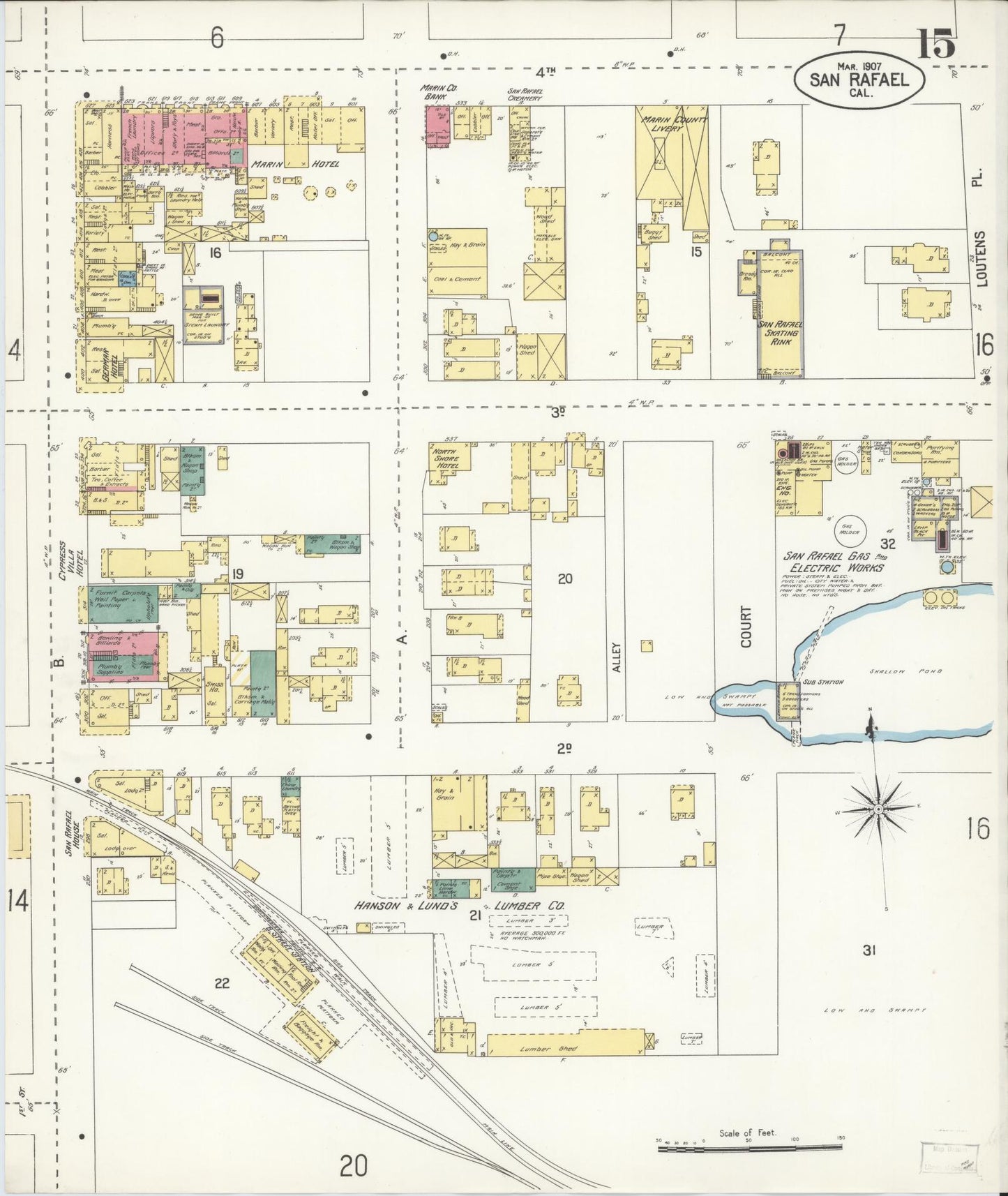 Sanborn Fire Insurance Map from San Rafael, Marin County, California (1907), Sheet #0015 - Complete Map Set gallery image, historic Sanborn map, vintage wall art, California California