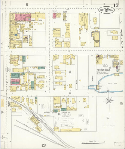 Sanborn Fire Insurance Map from San Rafael, Marin County, California (1907), Sheet #0015 - Complete Map Set gallery image, historic Sanborn map, vintage wall art, California California