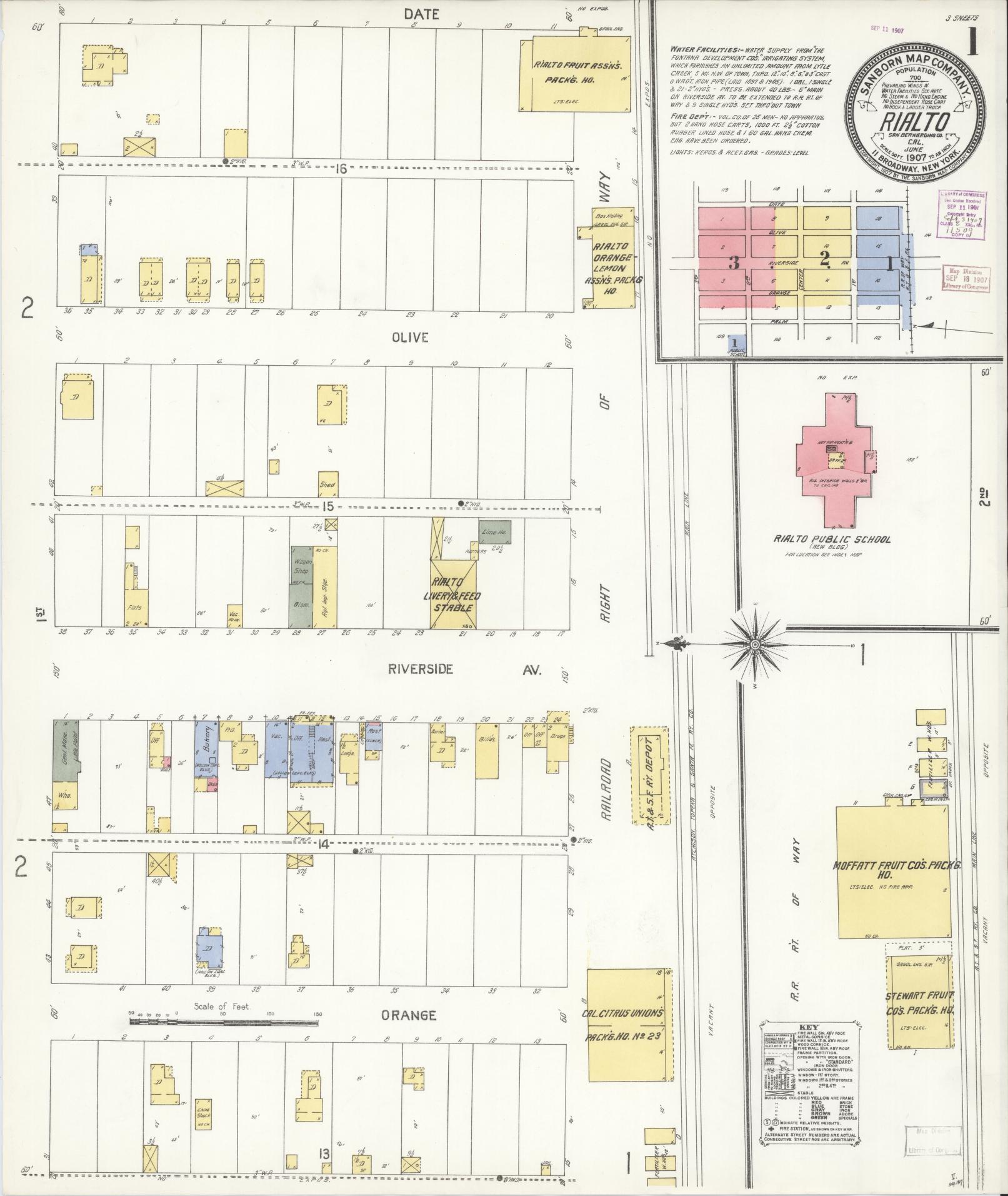 Sanborn Fire Insurance Map from Rialto, San Bernardino County, California (1907), Sheet #0001 - Complete Map Set gallery image, historic Sanborn map, vintage wall art, California California