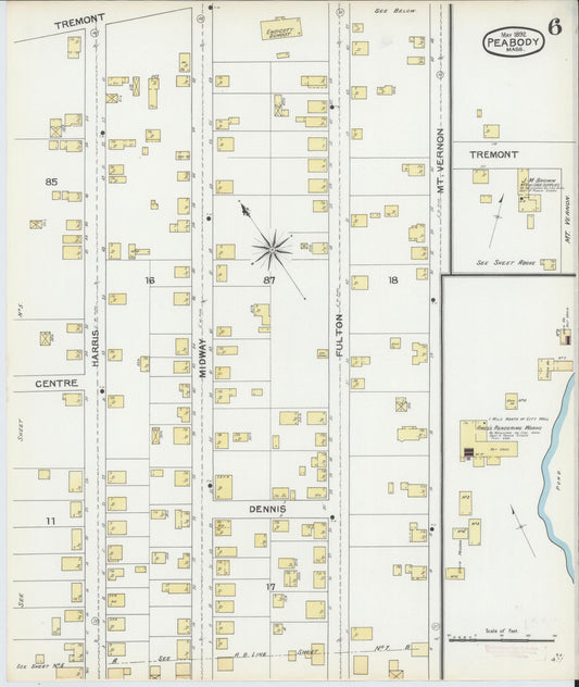 Sanborn Fire Insurance Map from Peabody, Essex County, Massachusetts (1892), Sheet #0006 - Historic Sanborn Fire Insurance Map Print, vintage old map wall art, antique decor, genealogy gift, Massachusetts Massachusetts map