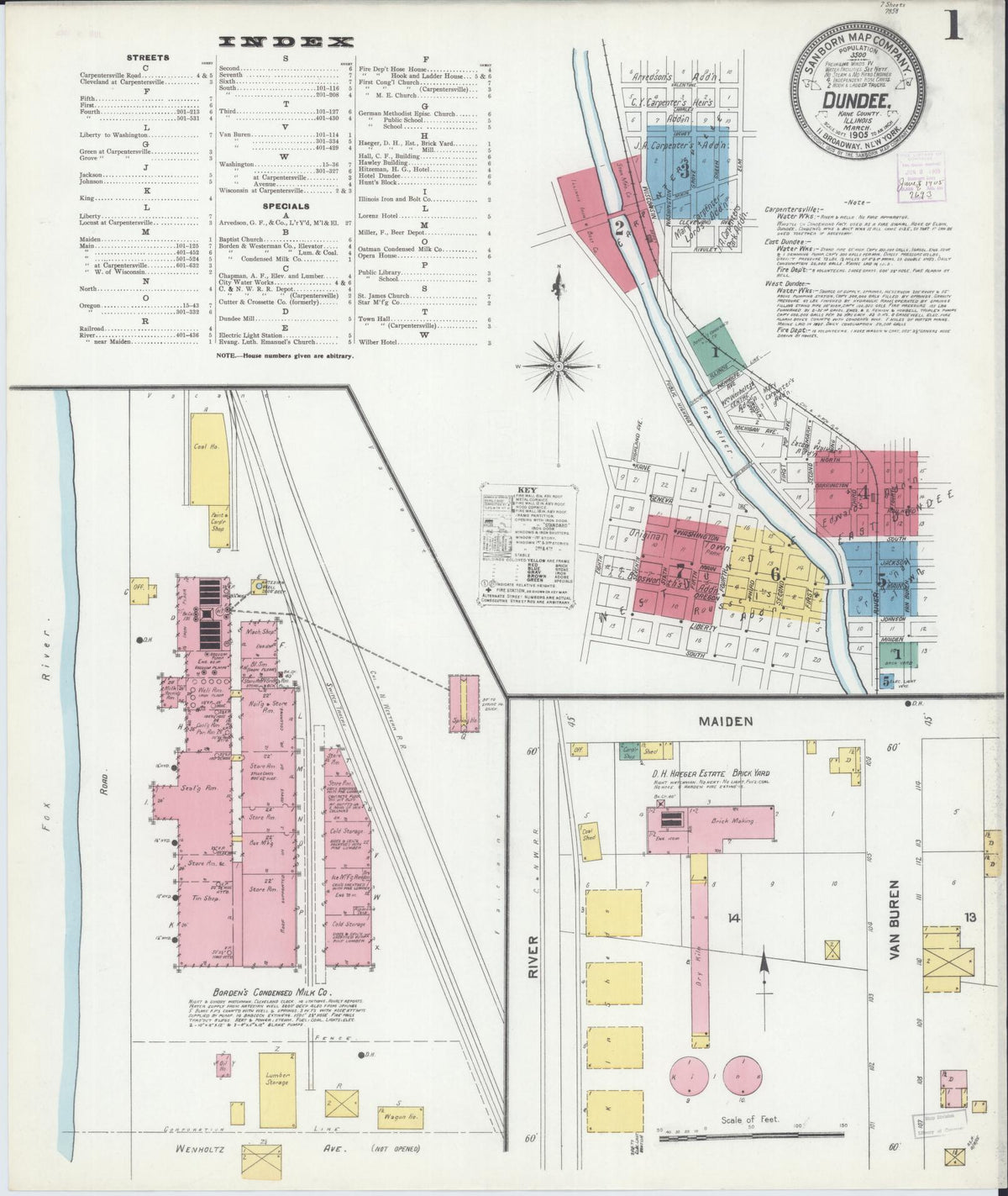 Sanborn Fire Insurance Map from Dundee, Kane County, Illinois (1905), Sheet #0001 - Historic Sanborn Fire Insurance Map Print, vintage old map wall art, antique decor, genealogy gift, Illinois Illinois map