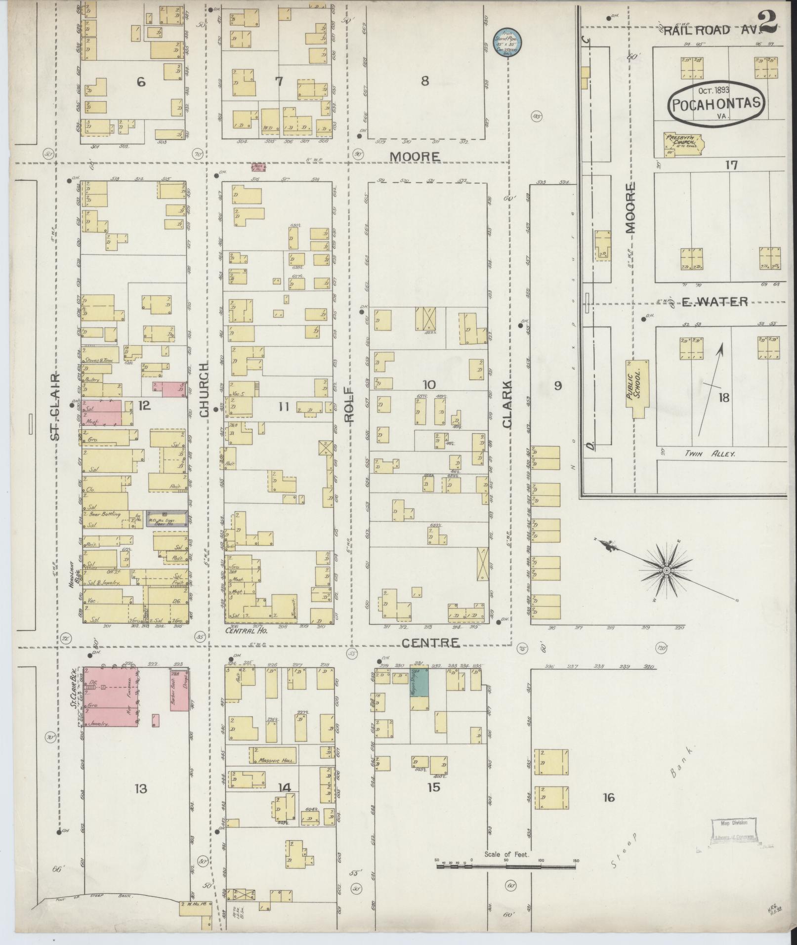 Sanborn Fire Insurance Map from Pocahontas, Tazewell County, Virginia (1893), Sheet #0002 - Historic Sanborn Fire Insurance Map Print, vintage old map wall art, antique decor, genealogy gift, Virginia Virginia map