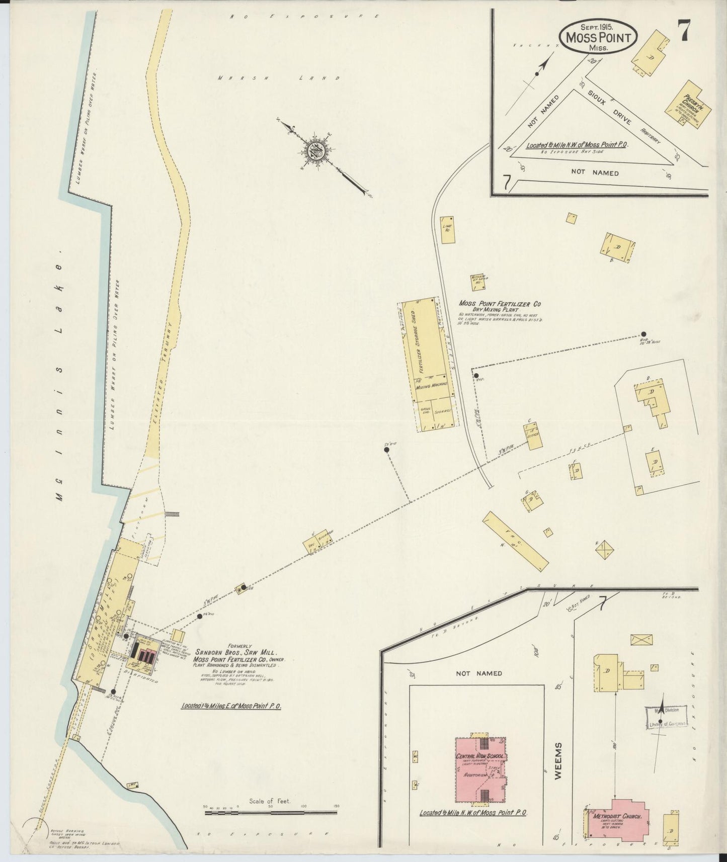 Sanborn Fire Insurance Map from Moss Point, Jackson County, Mississippi (1915), Sheet #0007 - Complete Map Set gallery image, historic Sanborn map, vintage wall art, Mississippi Mississippi