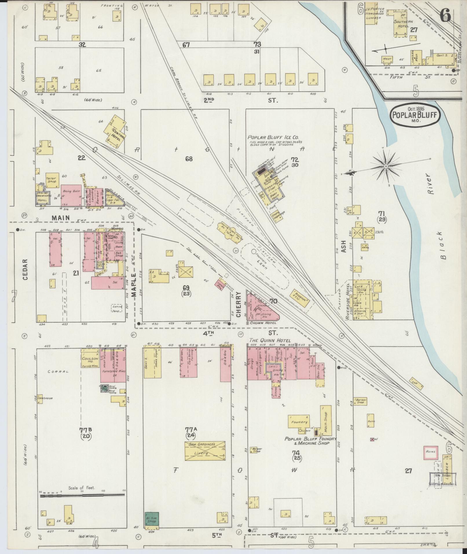 Sanborn Fire Insurance Map from Poplar Bluff, Butler County, Missouri (1895), Sheet #0006 - Historic Sanborn Fire Insurance Map Print, vintage old map wall art, antique decor, genealogy gift, Missouri Missouri map