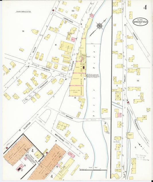 Sanborn Fire Insurance Map from Springfield, Windsor County, Vermont (1910), Sheet #0004 - Historic Sanborn Fire Insurance Map Print, vintage old map wall art, antique decor, genealogy gift, Vermont Vermont map