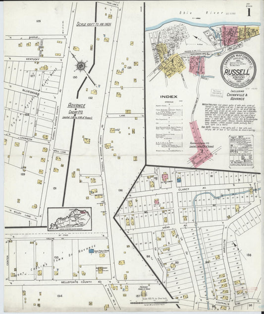 Sanborn Fire Insurance Map from Russell, Greenup County, Kentucky (1920), Sheet #0001 - Complete Map Set gallery image, historic Sanborn map, vintage wall art, Kentucky Kentucky