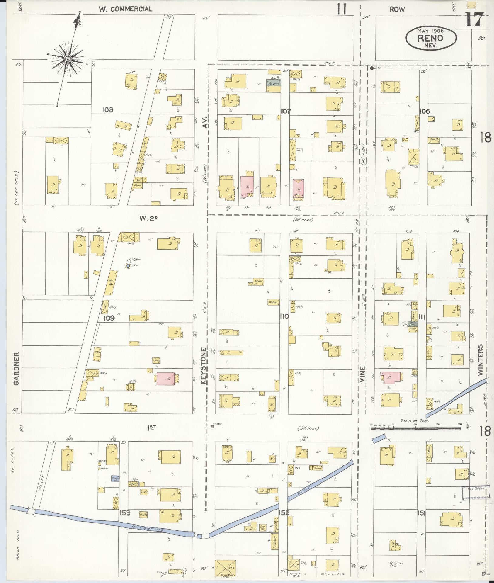 Sanborn Fire Insurance Map from Reno, Washoe County, Nevada (1906), Sheet #0017 - Complete Map Set gallery image, historic Sanborn map, vintage wall art, Nevada Nevada