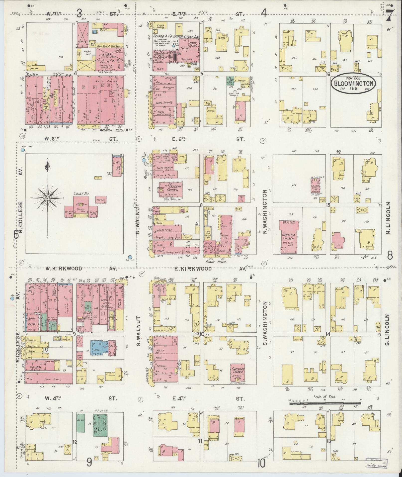 Sanborn Fire Insurance Map from Bloomington, Monroe County, Indiana (1898), Sheet #0007 - Complete Map Set gallery image, historic Sanborn map, vintage wall art, Indiana Indiana