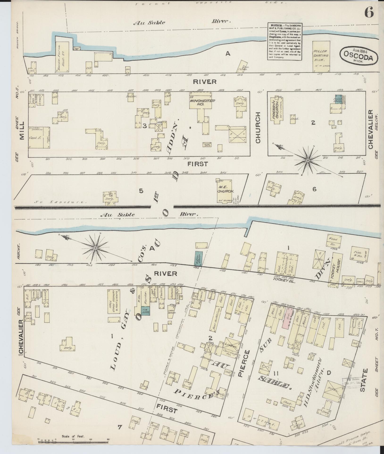 Sanborn Fire Insurance Map from Oscoda, Iosco County, Michigan (1884), Sheet #0006 - Historic Sanborn Fire Insurance Map Print, vintage old map wall art, antique decor, genealogy gift, Michigan Michigan map