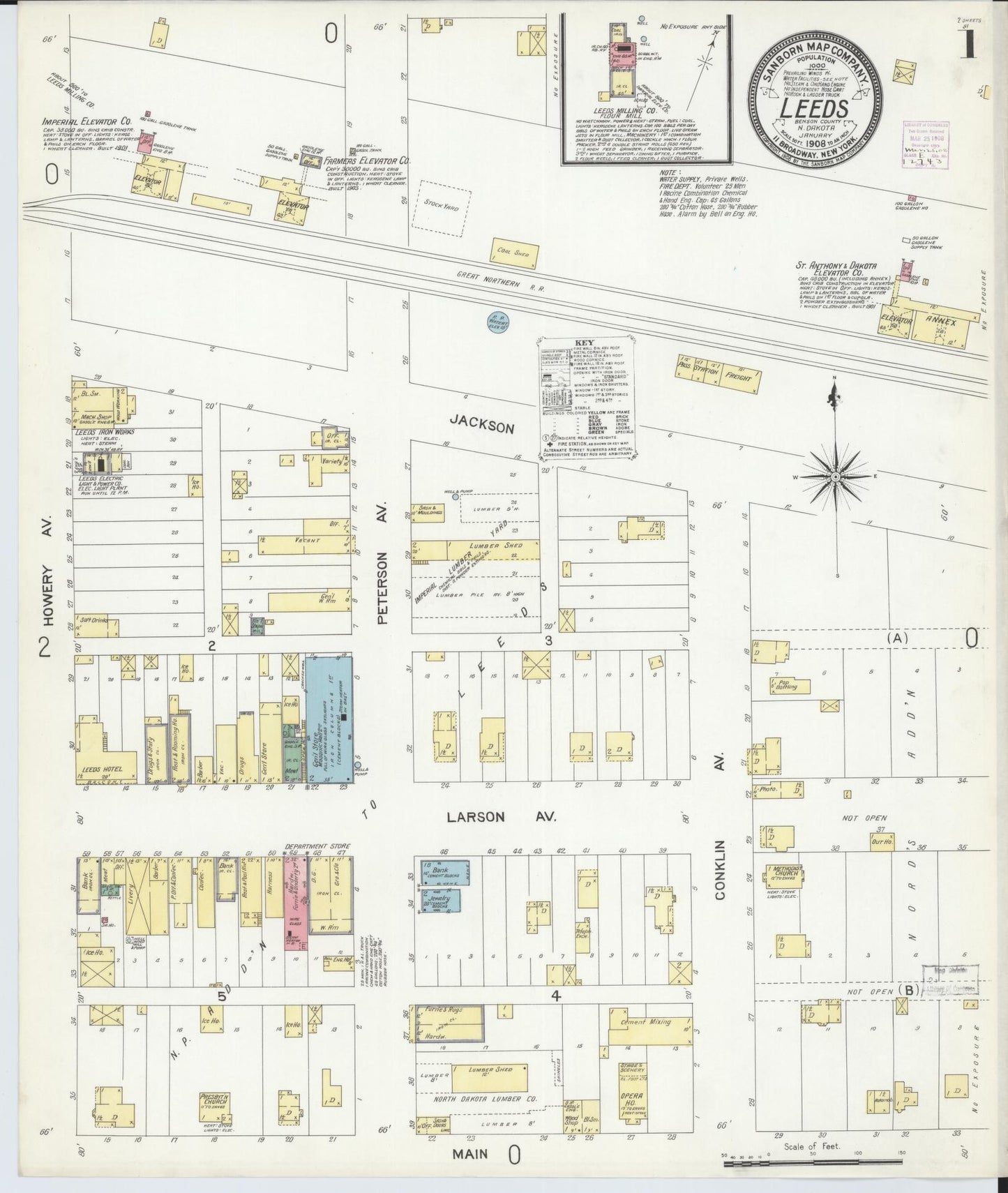 Sanborn Fire Insurance Map from Leeds, Benson County, North Dakota (1908), Sheet #0001 - Complete Map Set gallery image, historic Sanborn map, vintage wall art, North Dakota North Dakota