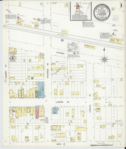 Sanborn Fire Insurance Map from Leeds, Benson County, North Dakota (1908), Sheet #0001 - Complete Map Set gallery image, historic Sanborn map, vintage wall art, North Dakota North Dakota