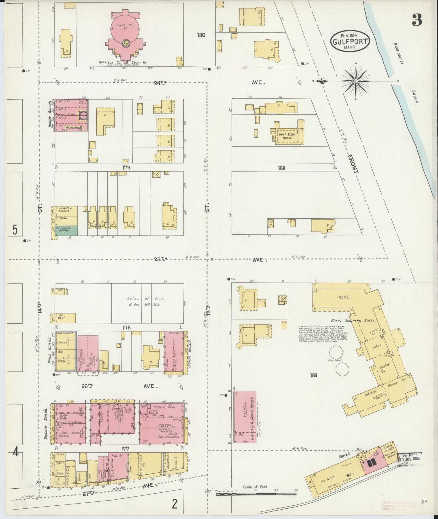Sanborn Fire Insurance Map from Gulfport, Harrison County, Mississippi (1904), Sheet #0003 - Complete Map Set gallery image, historic Sanborn map, vintage wall art, Mississippi Mississippi