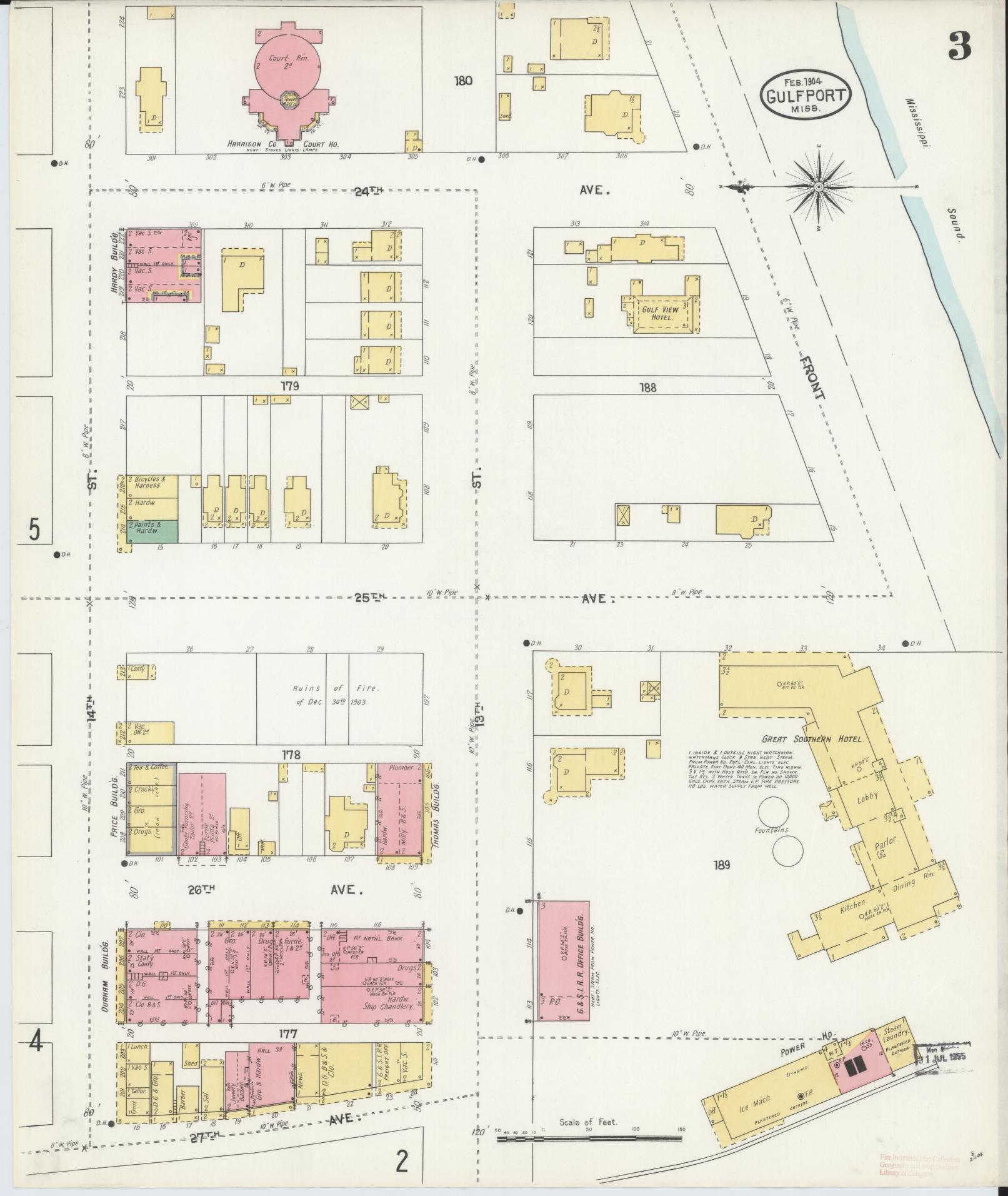 Sanborn Fire Insurance Map from Gulfport, Harrison County, Mississippi (1904), Sheet #0003 - Complete Map Set gallery image, historic Sanborn map, vintage wall art, Mississippi Mississippi