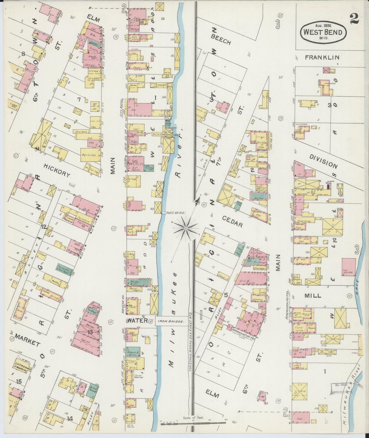 Sanborn Fire Insurance Map from West Bend, Washington County, Wisconsin (1892), Sheet #0002 - Historic Sanborn Fire Insurance Map Print, vintage old map wall art, antique decor, genealogy gift, Wisconsin Wisconsin map
