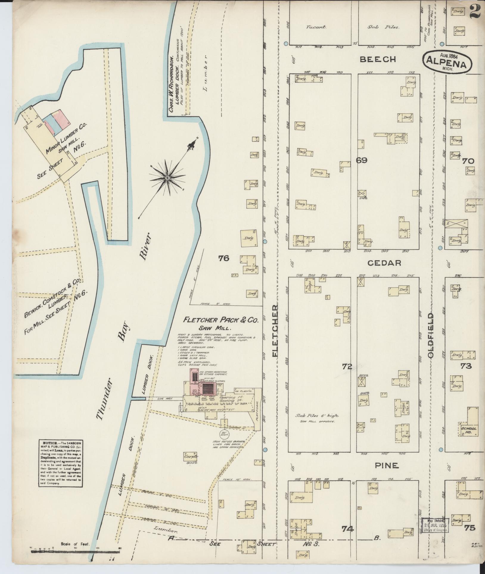 Sanborn Fire Insurance Map from Alpena, Alpena County, Michigan (1884), Sheet #0002 - Complete Map Set gallery image, historic Sanborn map, vintage wall art, Michigan Michigan