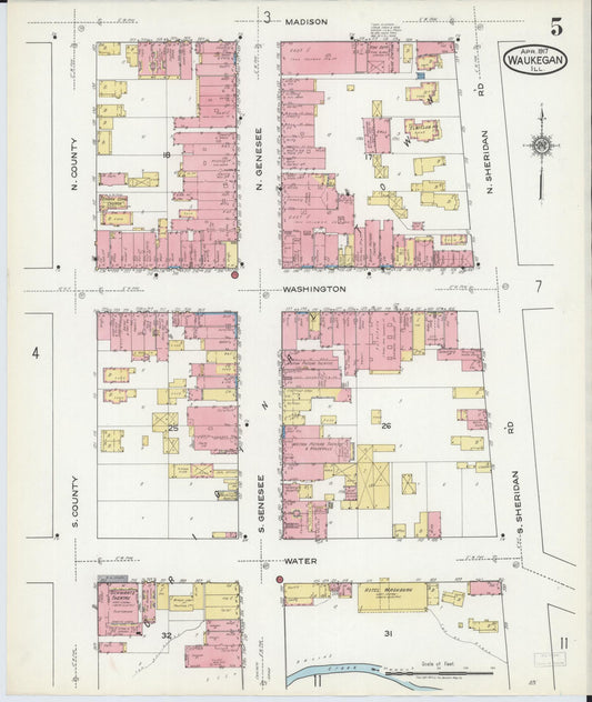 Sanborn Fire Insurance Map from Waukegan, Lake County, Illinois (1917), Sheet #0005 - Historic Sanborn Fire Insurance Map Print, vintage old map wall art, antique decor, genealogy gift, Illinois Illinois map