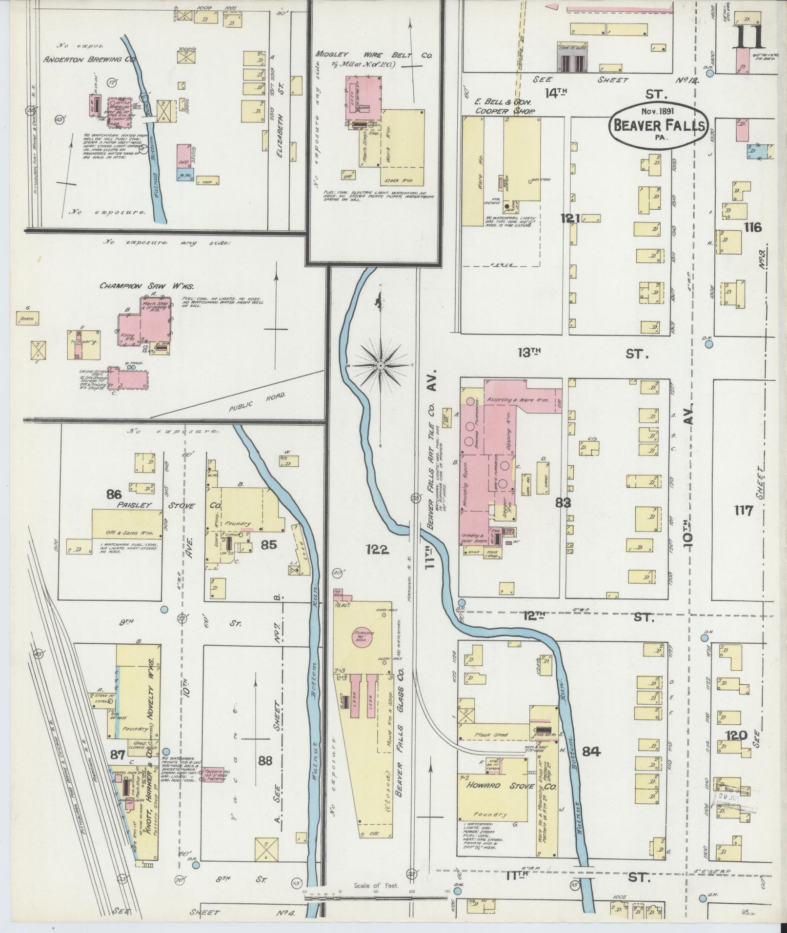 Sanborn Fire Insurance Map from Beaver Falls, Beaver County, Pennsylvania (1891), Sheet #0011 - Historic Sanborn Fire Insurance Map Print, vintage old map wall art, antique decor, genealogy gift, Pennsylvania Pennsylvania map