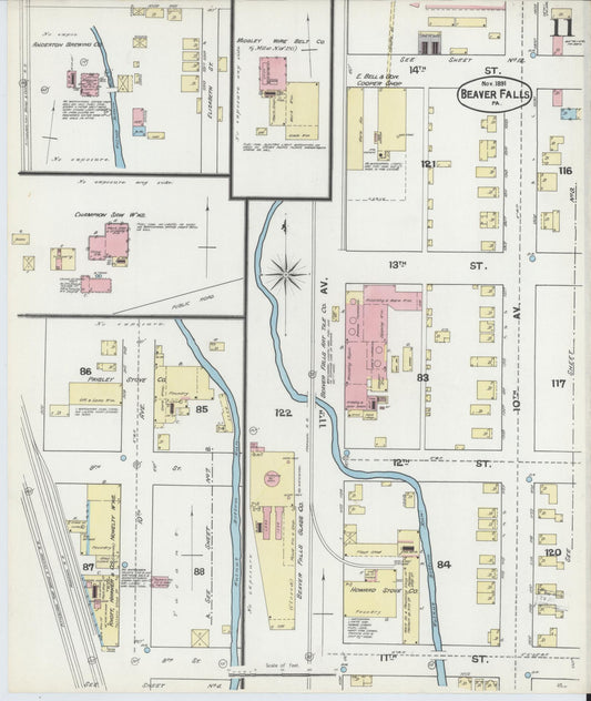 Sanborn Fire Insurance Map from Beaver Falls, Beaver County, Pennsylvania (1891), Sheet #0011 - Historic Sanborn Fire Insurance Map Print, vintage old map wall art, antique decor, genealogy gift, Pennsylvania Pennsylvania map