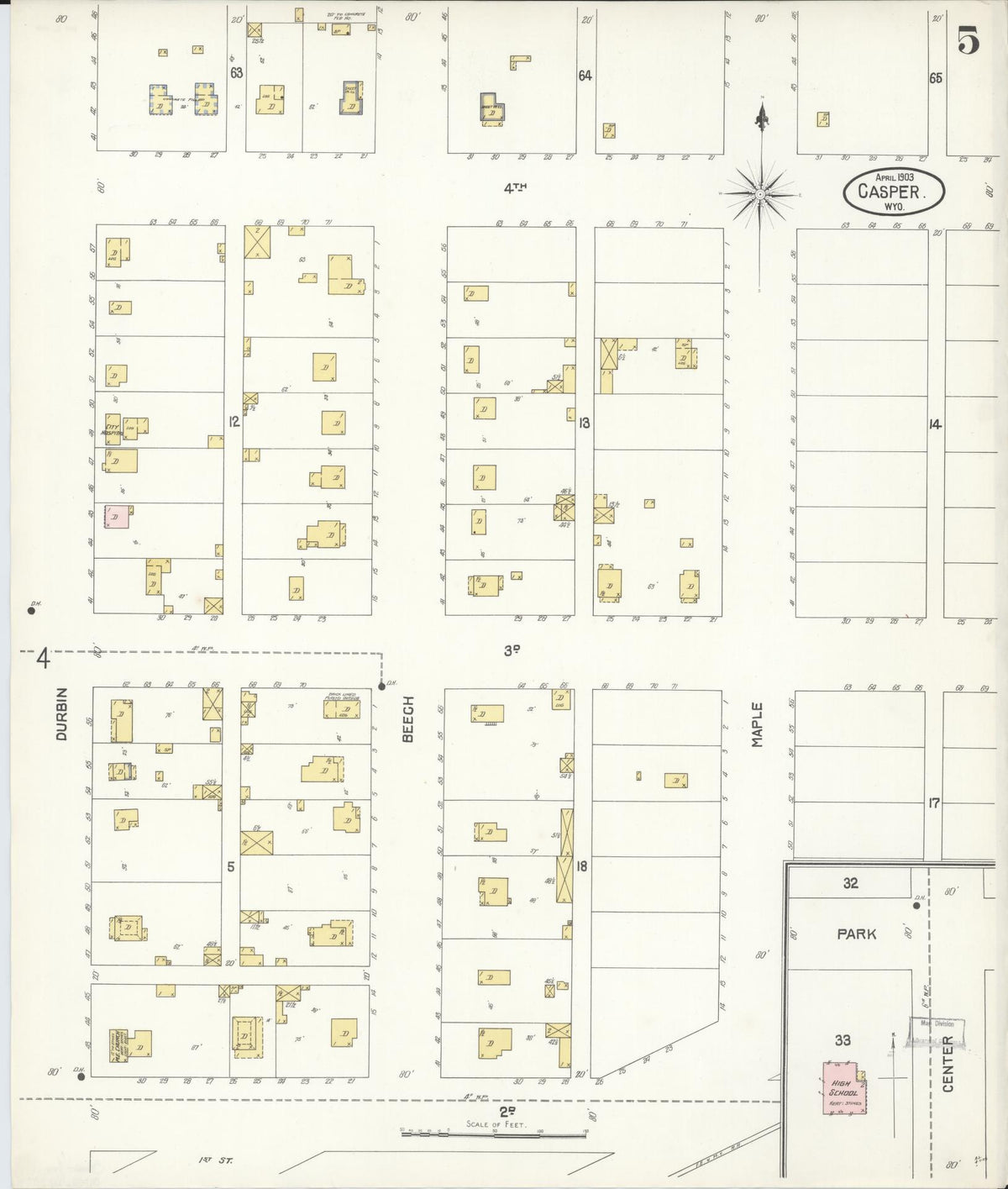 Sanborn Fire Insurance Map from Casper, Natrona County, Wyoming (1903), Sheet #0005 - Historic Sanborn Fire Insurance Map Print, vintage old map wall art, antique decor, genealogy gift, Wyoming Wyoming map