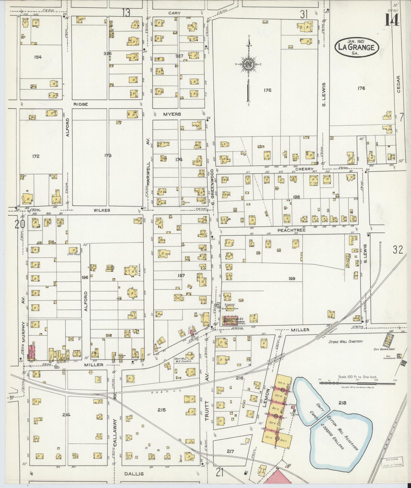 Sanborn Fire Insurance Map from La Grange, Troup County, Georgia (1921), Sheet #0014 - Complete Map Set gallery image, historic Sanborn map, vintage wall art, Georgia Georgia