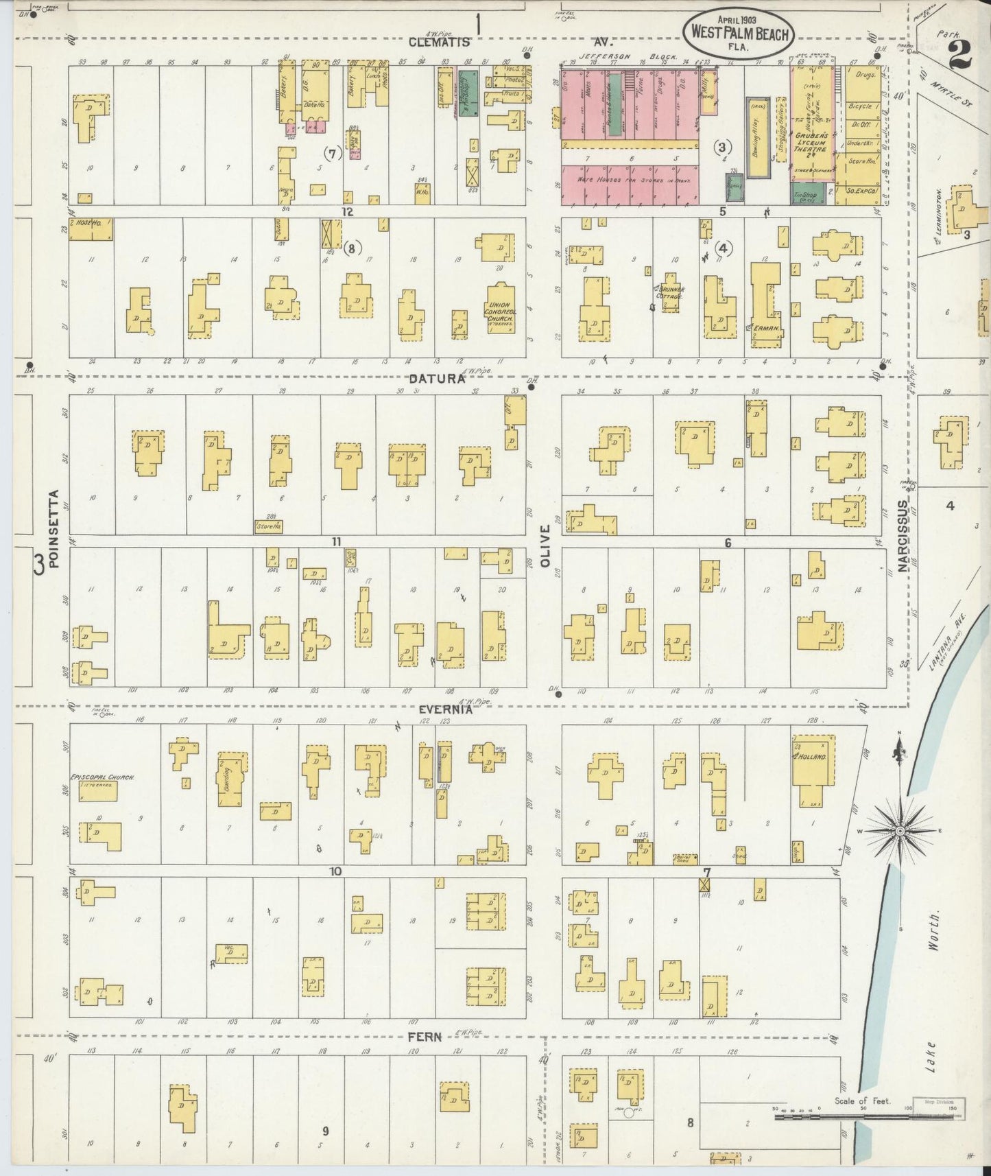 Sanborn Fire Insurance Map from West Palm Beach, Dade County, Florida (1903), Sheet #0002 - Complete Map Set gallery image, historic Sanborn map, vintage wall art, Florida Florida