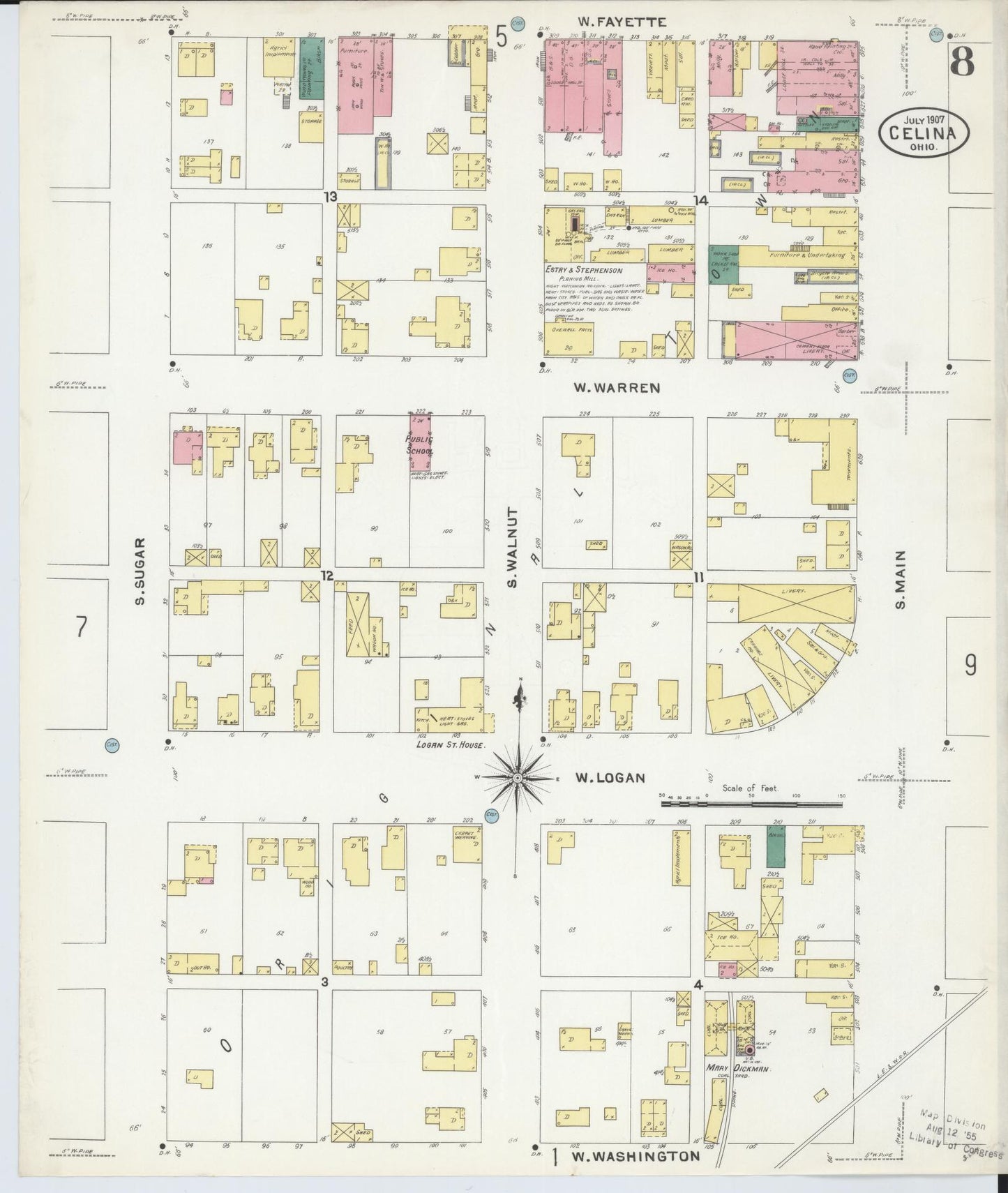 Sanborn Fire Insurance Map from Celina, Mercer County, Ohio (1907), Sheet #0008 - Historic Sanborn Fire Insurance Map Print, vintage old map wall art, antique decor, genealogy gift, Ohio Ohio map