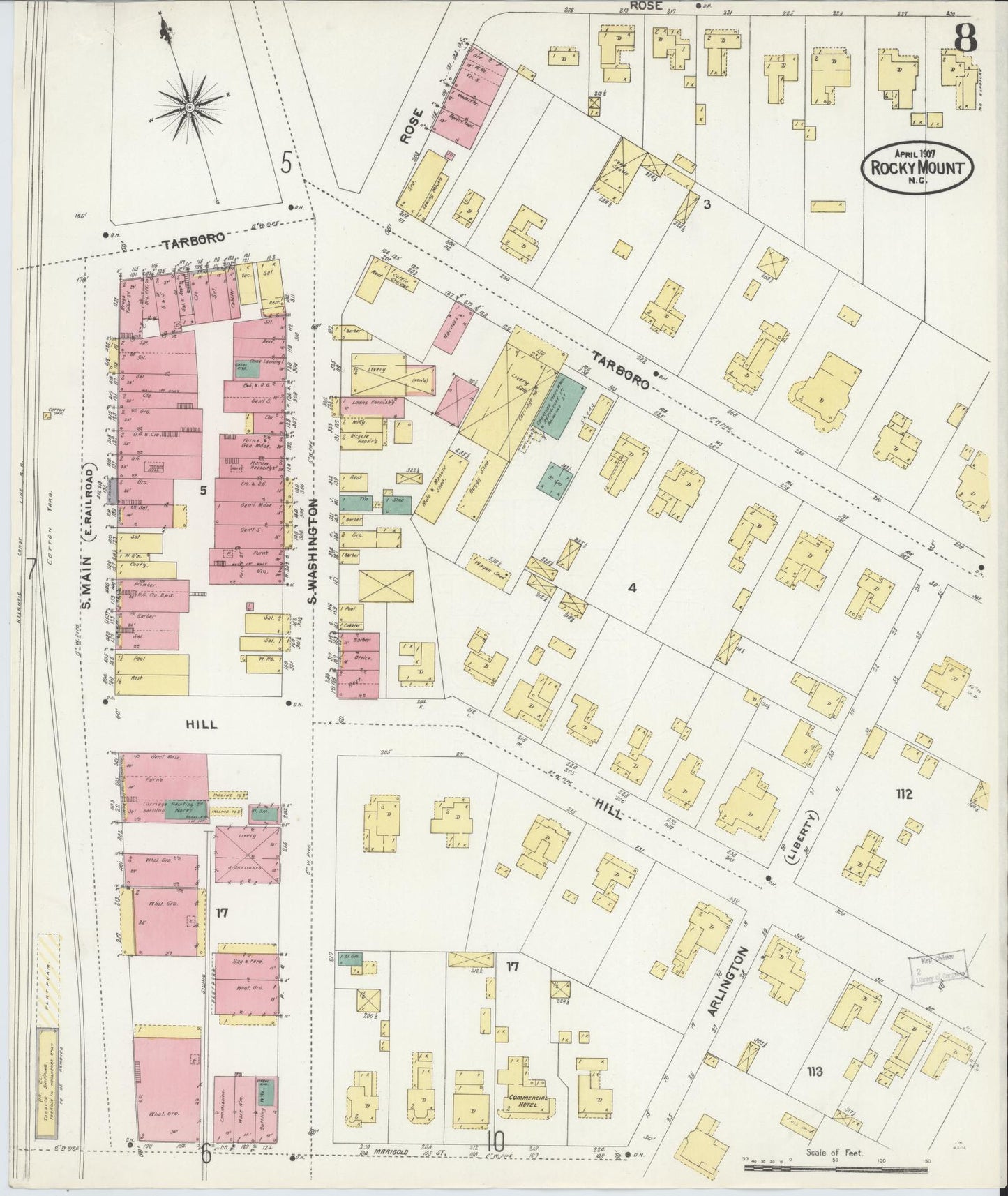 Sanborn Fire Insurance Map from Rocky Mount, Edgecombe And Nash Counties, North Carolina (1907), Sheet #0008 - Complete Map Set gallery image, historic Sanborn map, vintage wall art, North Carolina North Carolina