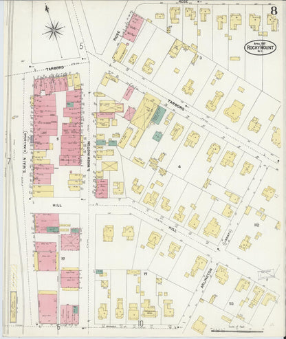 Sanborn Fire Insurance Map from Rocky Mount, Edgecombe And Nash Counties, North Carolina (1907), Sheet #0008 - Complete Map Set gallery image, historic Sanborn map, vintage wall art, North Carolina North Carolina