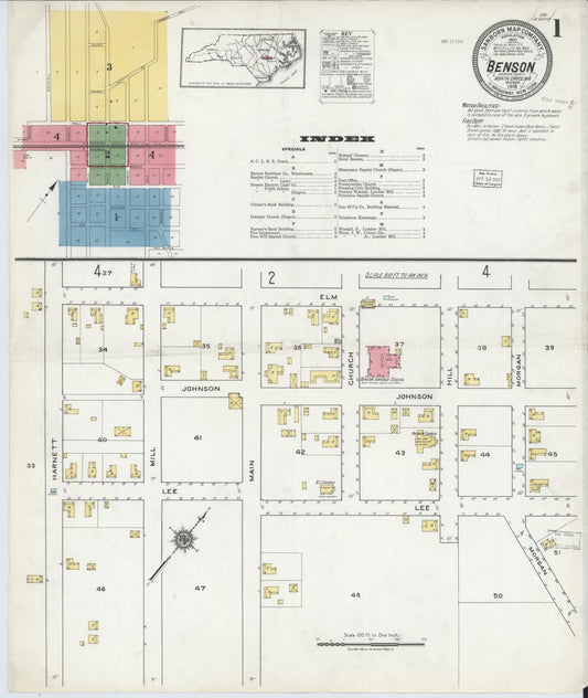 Sanborn Fire Insurance Map from Benson, Johnson County, North Carolina (1918), Sheet #0001 - Historic Sanborn Fire Insurance Map Print, vintage old map wall art, antique decor, genealogy gift, North Carolina North Carolina map