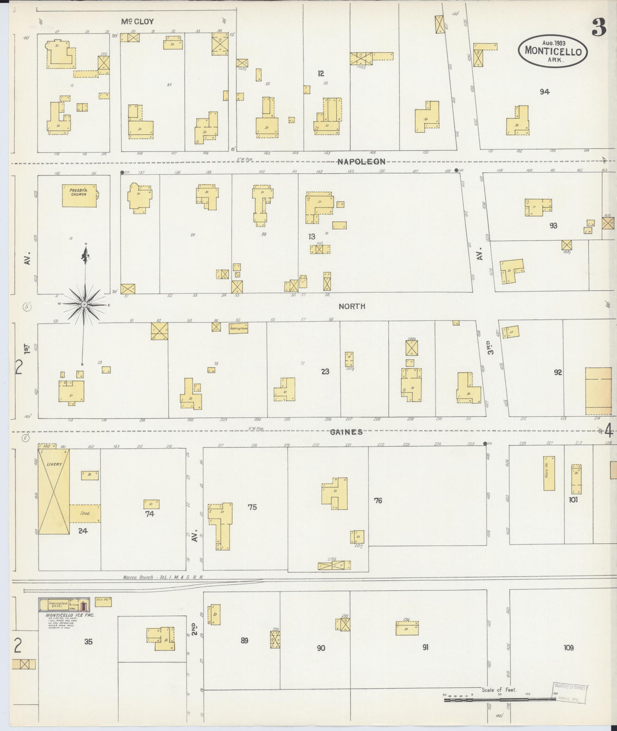 Sanborn Fire Insurance Map from Monticello, Drew County, Arkansas (1903), Sheet #0003 - Complete Map Set gallery image, historic Sanborn map, vintage wall art, Arkansas Arkansas