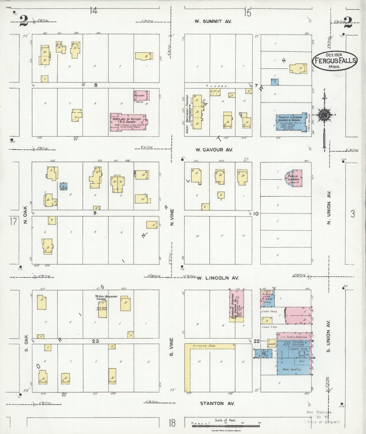 Sanborn Fire Insurance Map from Fergus Falls, Otter Tail County, Minnesota (1924), Sheet #0002 - Historic Sanborn Fire Insurance Map Print, vintage old map wall art, antique decor, genealogy gift, Minnesota Minnesota map