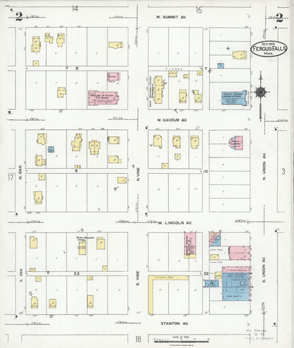 Sanborn Fire Insurance Map from Fergus Falls, Otter Tail County, Minnesota (1924), Sheet #0002 - Historic Sanborn Fire Insurance Map Print, vintage old map wall art, antique decor, genealogy gift, Minnesota Minnesota map