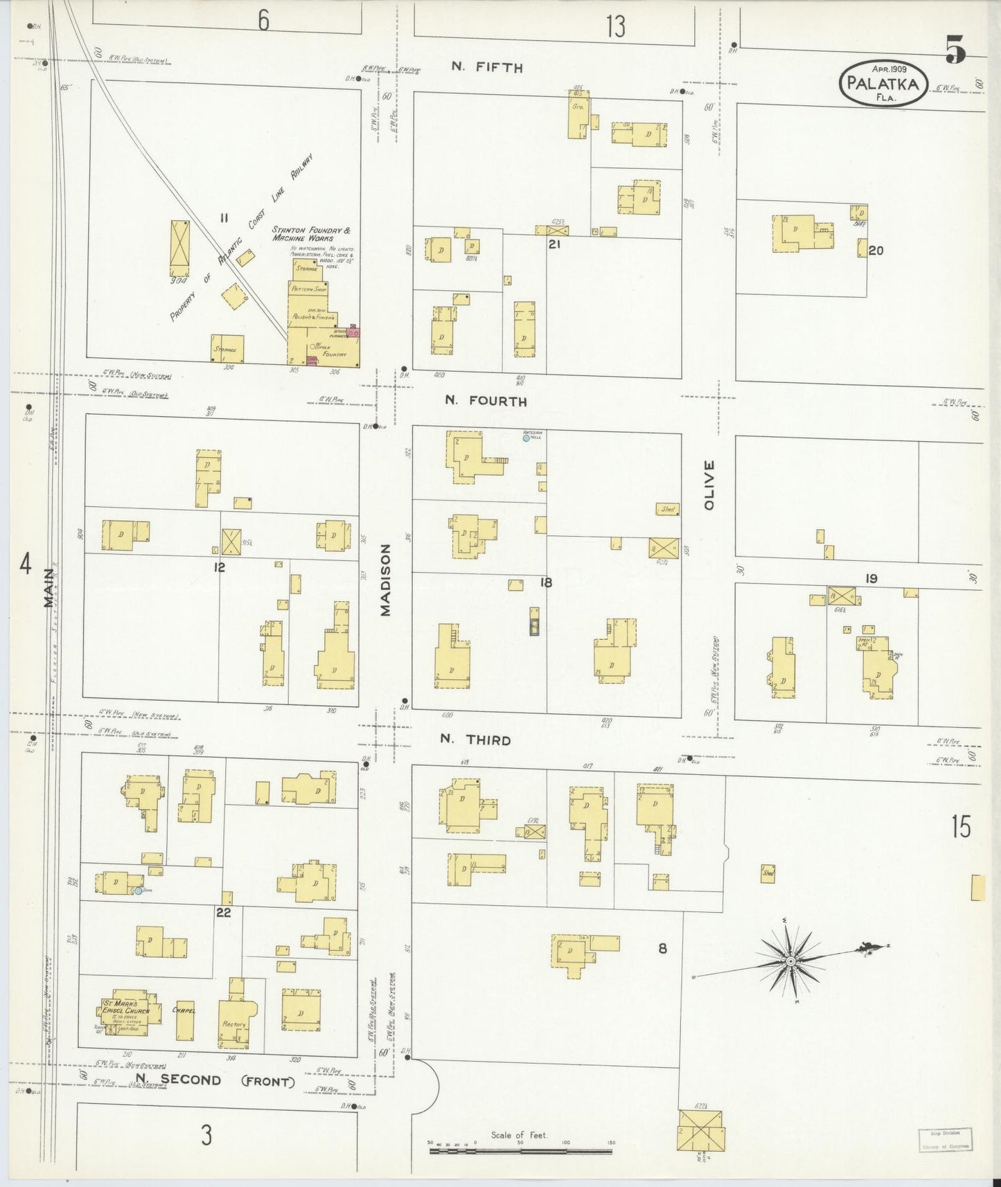 Sanborn Fire Insurance Map from Palatka, Putnam County, Florida (1909), Sheet #0005 - Complete Map Set gallery image, historic Sanborn map, vintage wall art, Florida Florida
