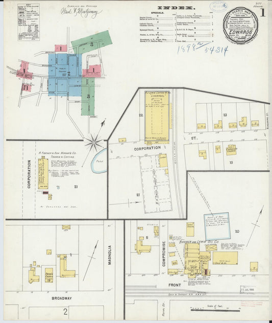 Sanborn Fire Insurance Map from Edwards, Hinds County, Mississippi (1898), Sheet #0001 - Complete Map Set gallery image, historic Sanborn map, vintage wall art, Mississippi Mississippi