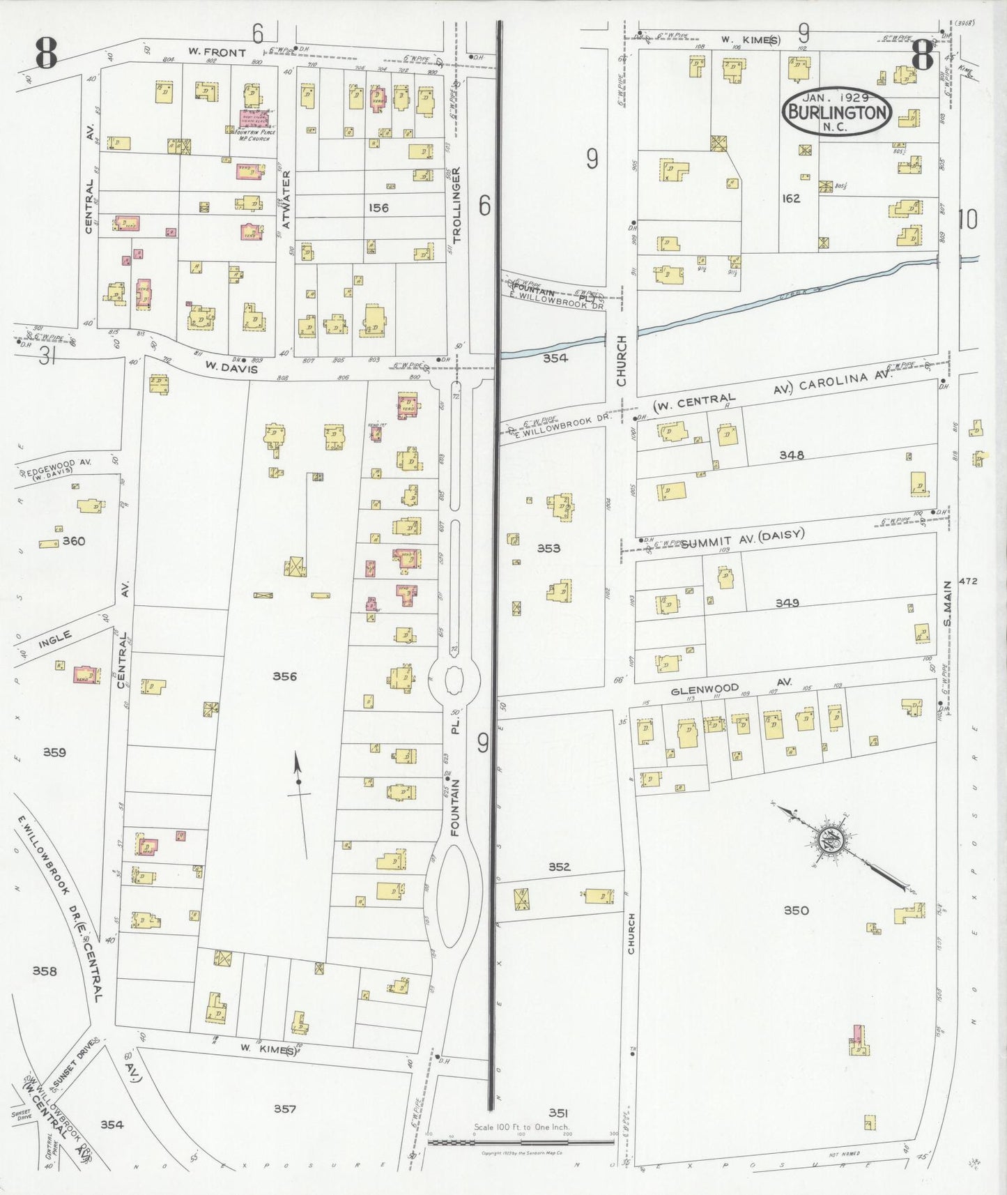 Sanborn Fire Insurance Map from Burlington, Alamance County, North Carolina (1929), Sheet #0008 - Historic Sanborn Fire Insurance Map Print, vintage old map wall art, antique decor, genealogy gift, North Carolina North Carolina map