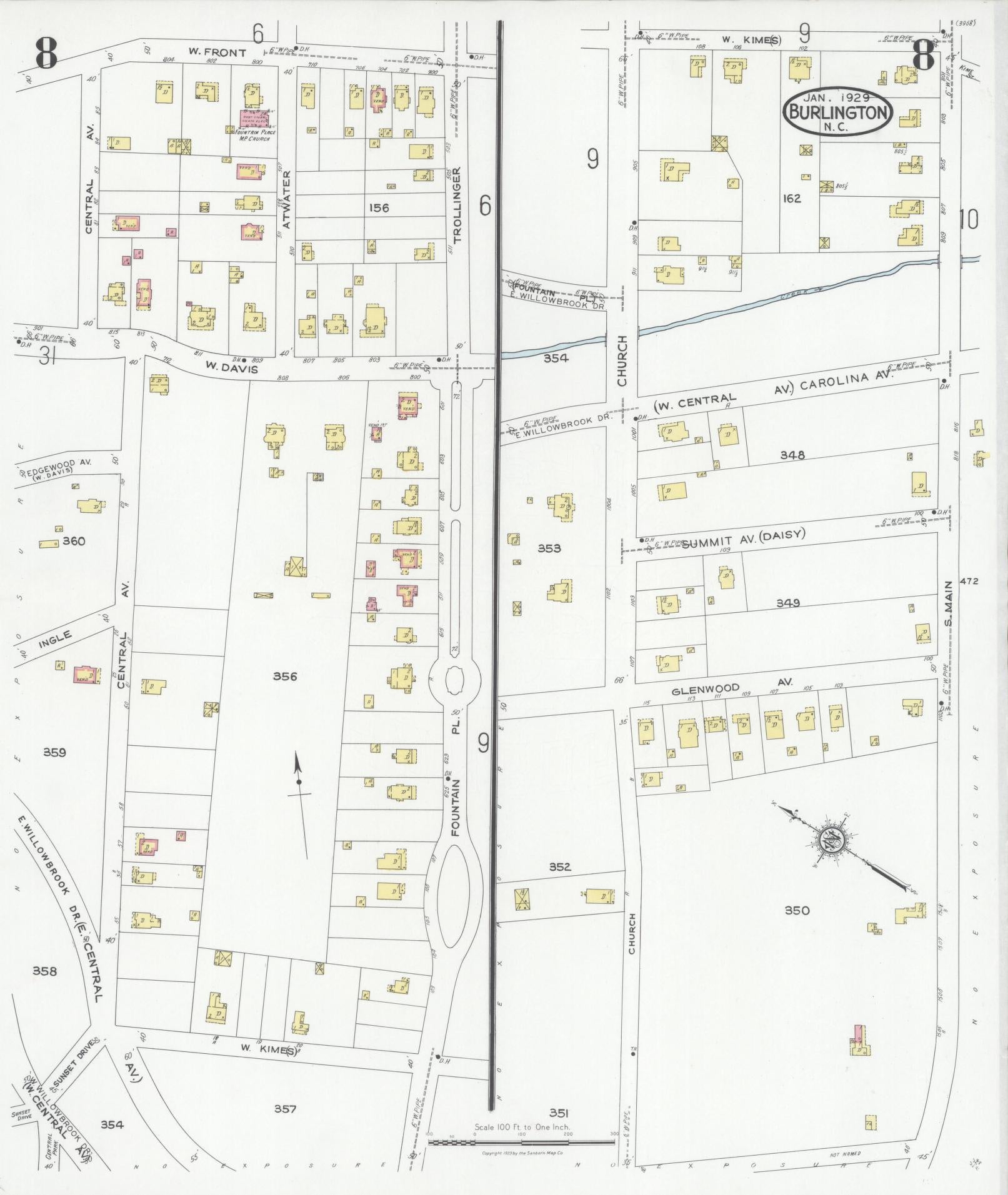 Sanborn Fire Insurance Map from Burlington, Alamance County, North Carolina (1929), Sheet #0008 - Historic Sanborn Fire Insurance Map Print, vintage old map wall art, antique decor, genealogy gift, North Carolina North Carolina map