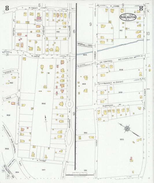 Sanborn Fire Insurance Map from Burlington, Alamance County, North Carolina (1929), Sheet #0008 - Historic Sanborn Fire Insurance Map Print, vintage old map wall art, antique decor, genealogy gift, North Carolina North Carolina map