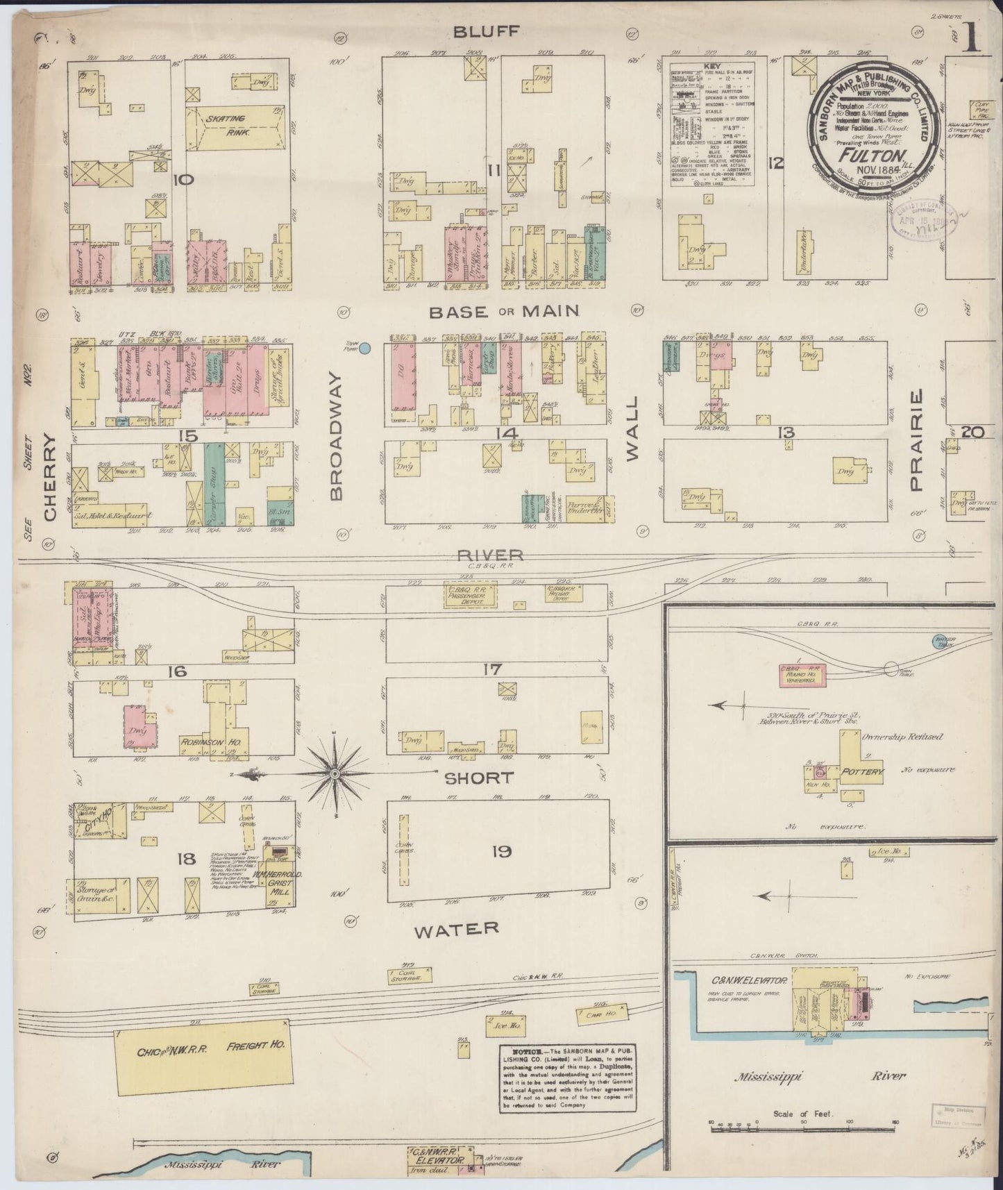 Sanborn Fire Insurance Map from Fulton, Whiteside County, Illinois (1884), Sheet #0001 - Historic Sanborn Fire Insurance Map Print, vintage old map wall art, antique decor, genealogy gift, Illinois Illinois map