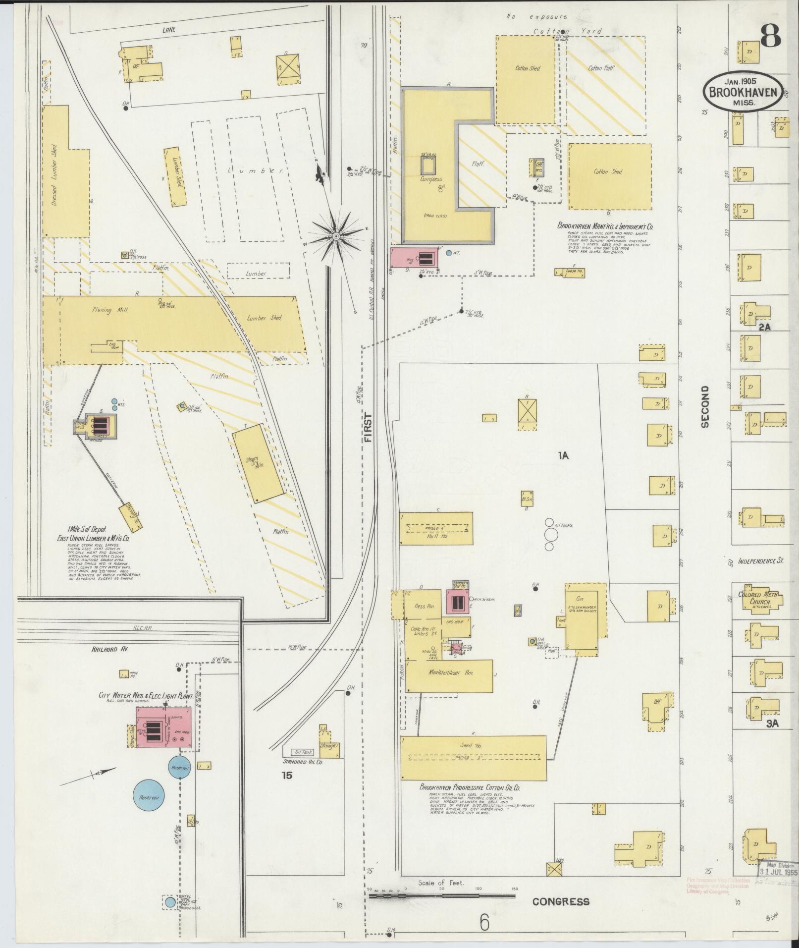 Sanborn Fire Insurance Map from Brookhaven, Lincoln County, Mississippi (1905), Sheet #0008 - Complete Map Set gallery image, historic Sanborn map, vintage wall art, Mississippi Mississippi