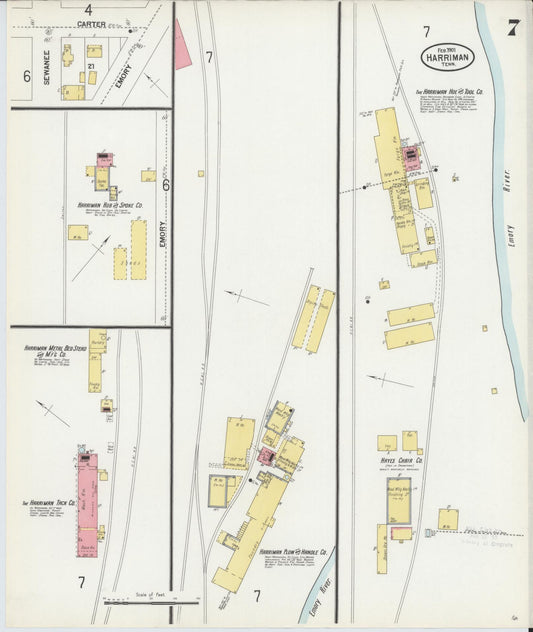 Sanborn Fire Insurance Map from Harriman, Roane County, Tennessee (1901), Sheet #0007 - Historic Sanborn Fire Insurance Map Print, vintage old map wall art, antique decor, genealogy gift, Tennessee Tennessee map