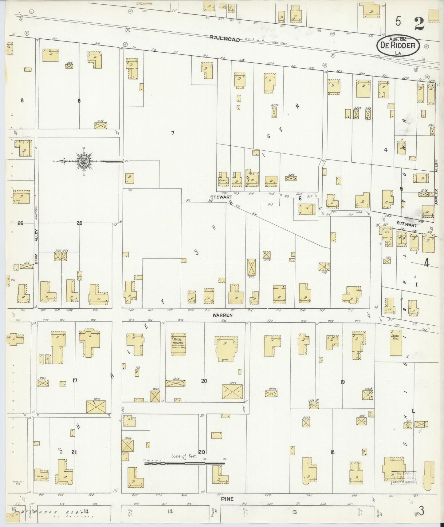 Sanborn Fire Insurance Map from De Ridder, Beauregard Parish, Louisiana (1912), Sheet #0002 - Complete Map Set gallery image, historic Sanborn map, vintage wall art, Louisiana Louisiana