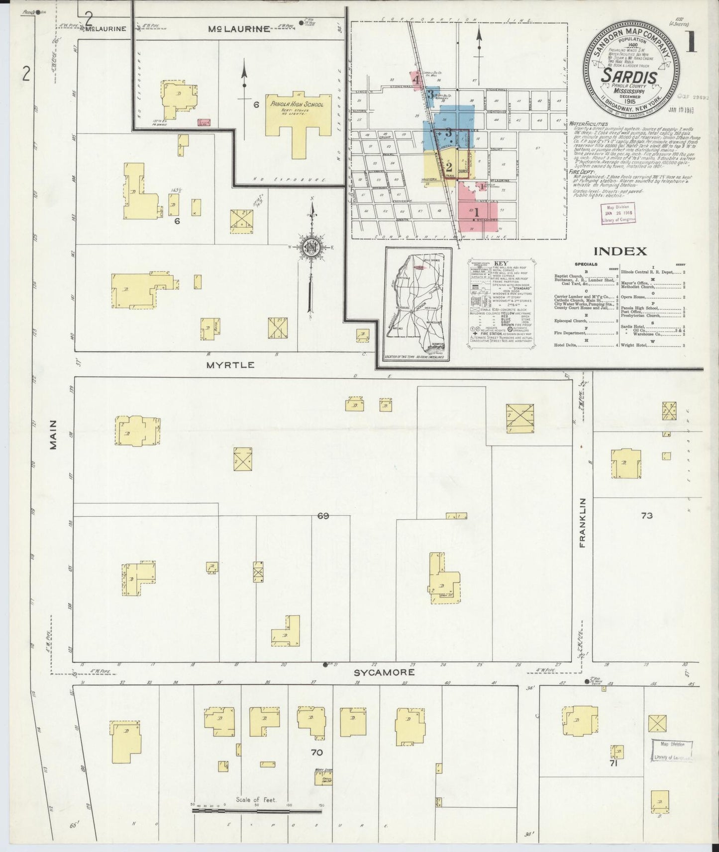 Sanborn Fire Insurance Map from Sardis, Panola County, Mississippi (1915), Sheet #0001 - Complete Map Set gallery image, historic Sanborn map, vintage wall art, Mississippi Mississippi