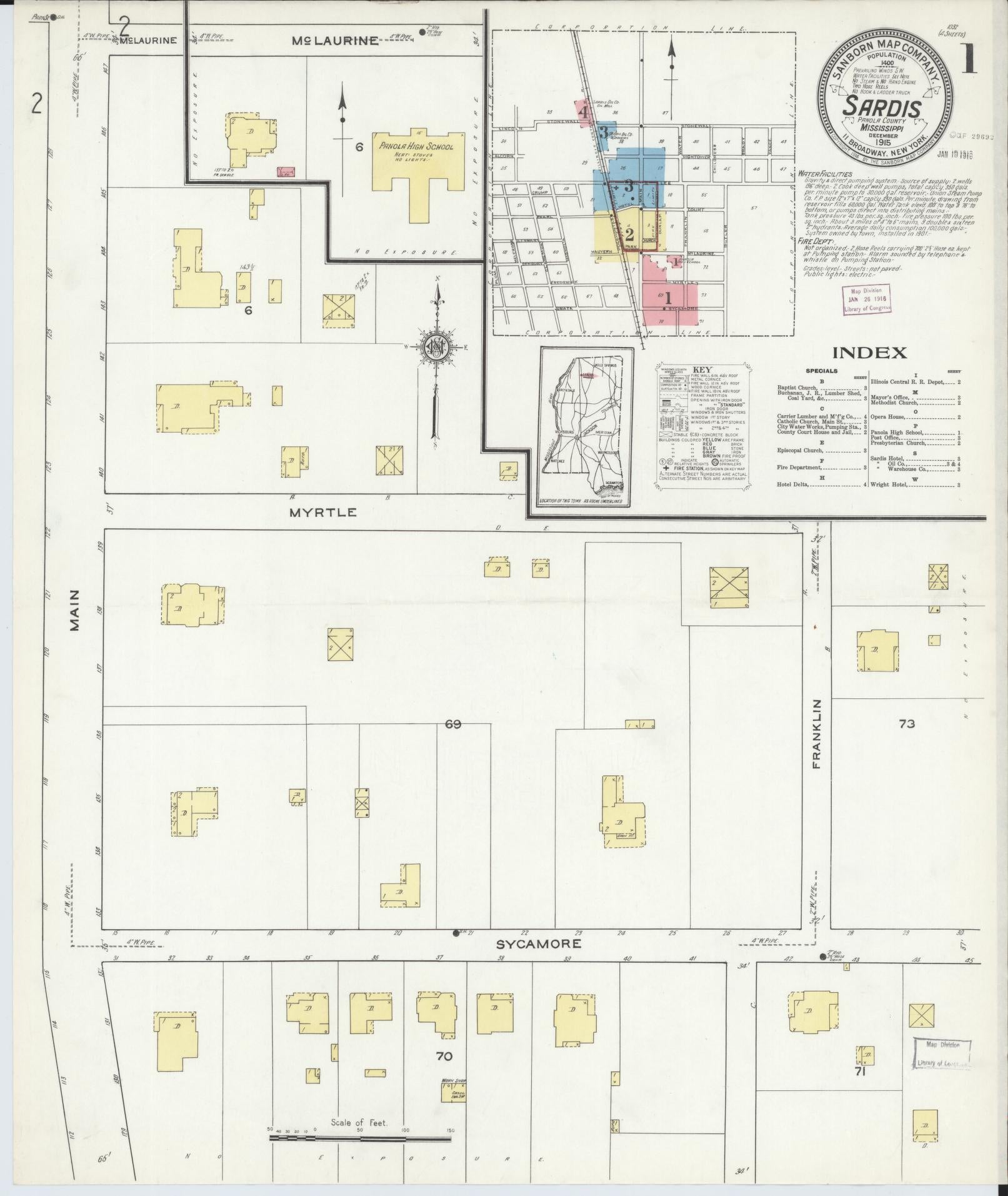 Sanborn Fire Insurance Map from Sardis, Panola County, Mississippi (1915), Sheet #0001 - Complete Map Set gallery image, historic Sanborn map, vintage wall art, Mississippi Mississippi